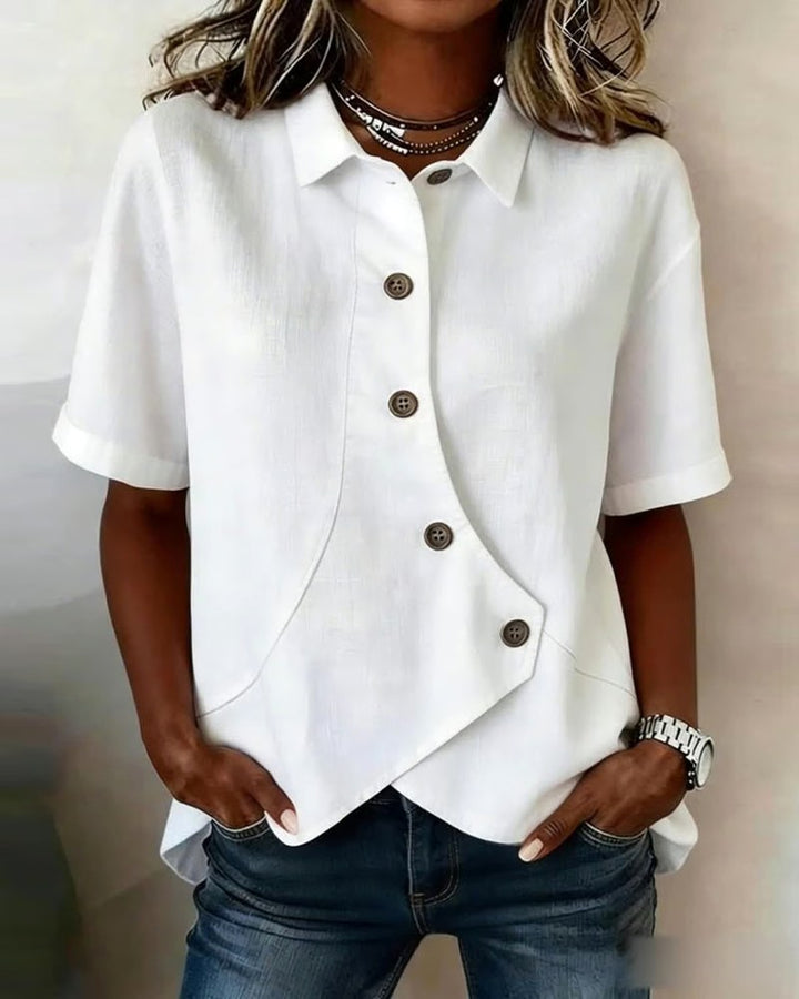Kirra | Women's Asymmetrical Placket Cotton Linen Shirt, Button-Down Blouse | The Shrader Sisters