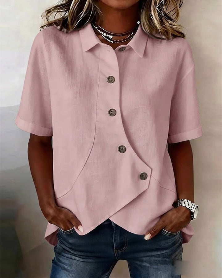 Kirra | Women's Asymmetrical Placket Cotton Linen Shirt, Button-Down Blouse | The Shrader Sisters