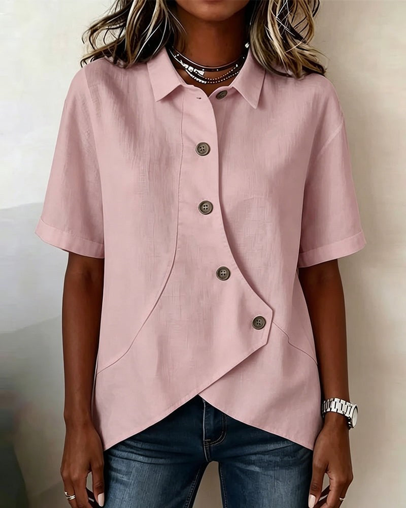 Kirra | Women's Asymmetrical Placket Cotton Linen Shirt, Button-Down Blouse | The Shrader Sisters