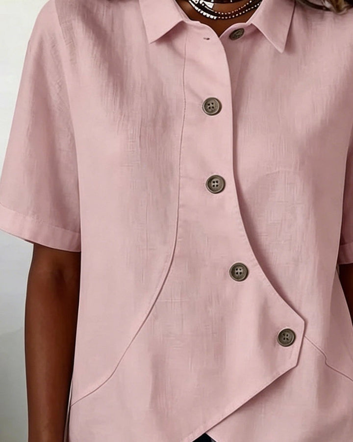 Kirra | Women's Asymmetrical Placket Cotton Linen Shirt, Button-Down Blouse | The Shrader Sisters