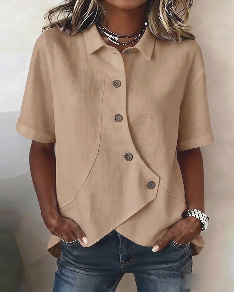 Kirra | Women's Asymmetrical Placket Cotton Linen Shirt, Button-Down Blouse | The Shrader Sisters