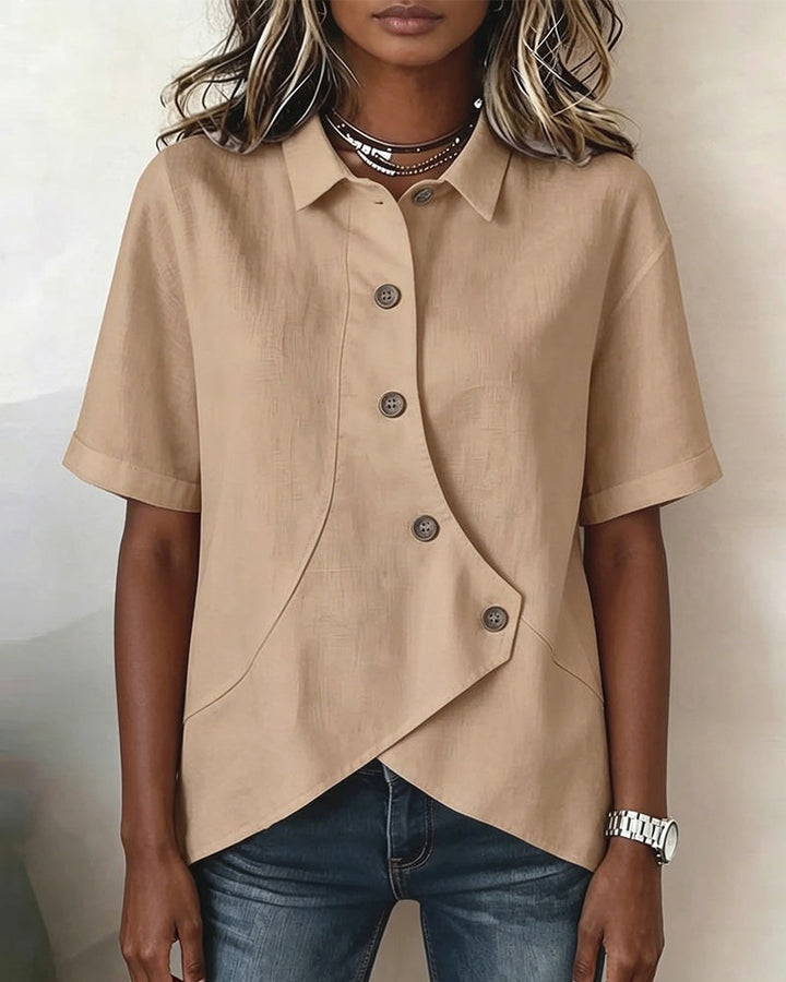 Kirra | Women's Asymmetrical Placket Cotton Linen Shirt, Button-Down Blouse | The Shrader Sisters