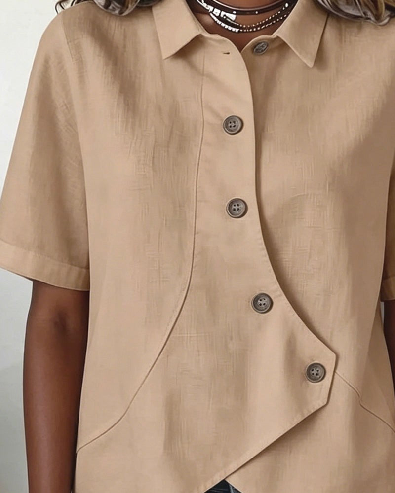 Kirra | Women's Asymmetrical Placket Cotton Linen Shirt, Button-Down Blouse | The Shrader Sisters