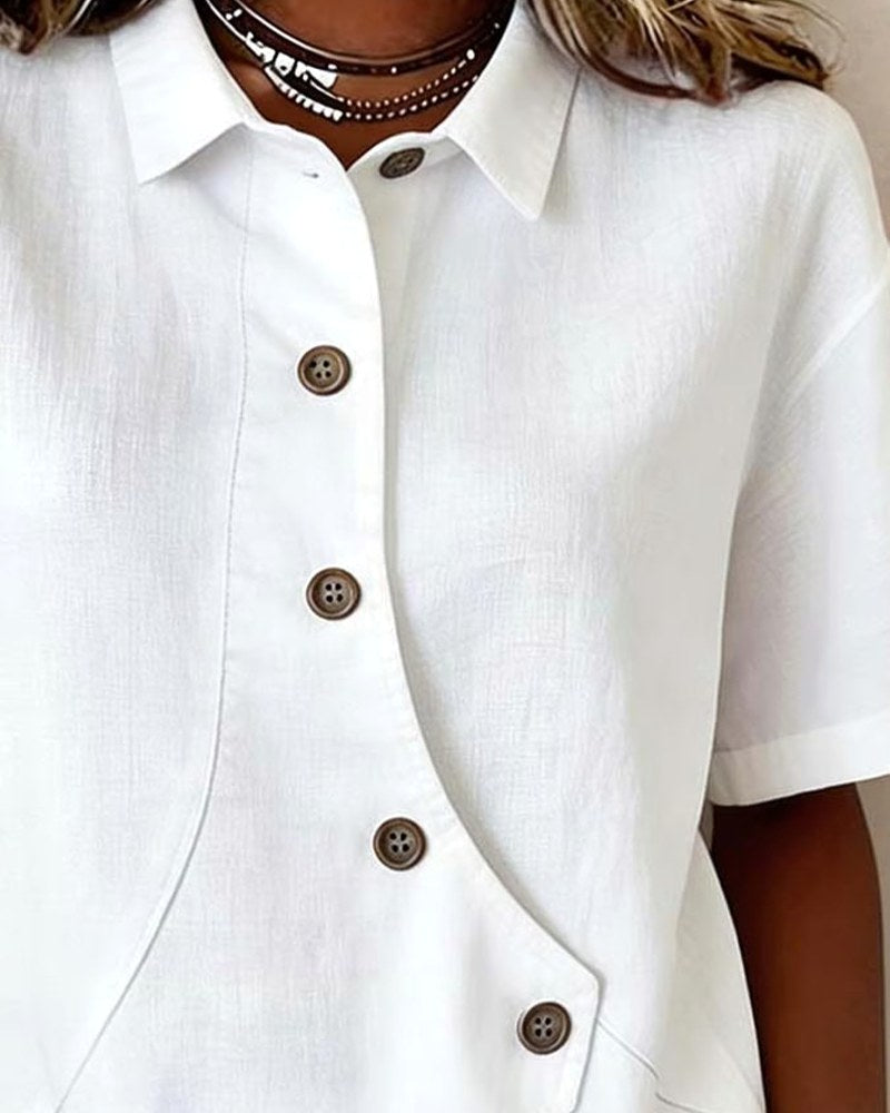 Kirra | Women's Asymmetrical Placket Cotton Linen Shirt, Button-Down Blouse | The Shrader Sisters