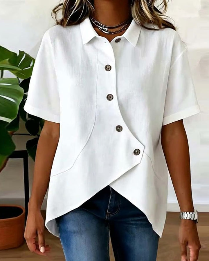 Kirra | Women's Asymmetrical Placket Cotton Linen Shirt, Button-Down Blouse | The Shrader Sisters