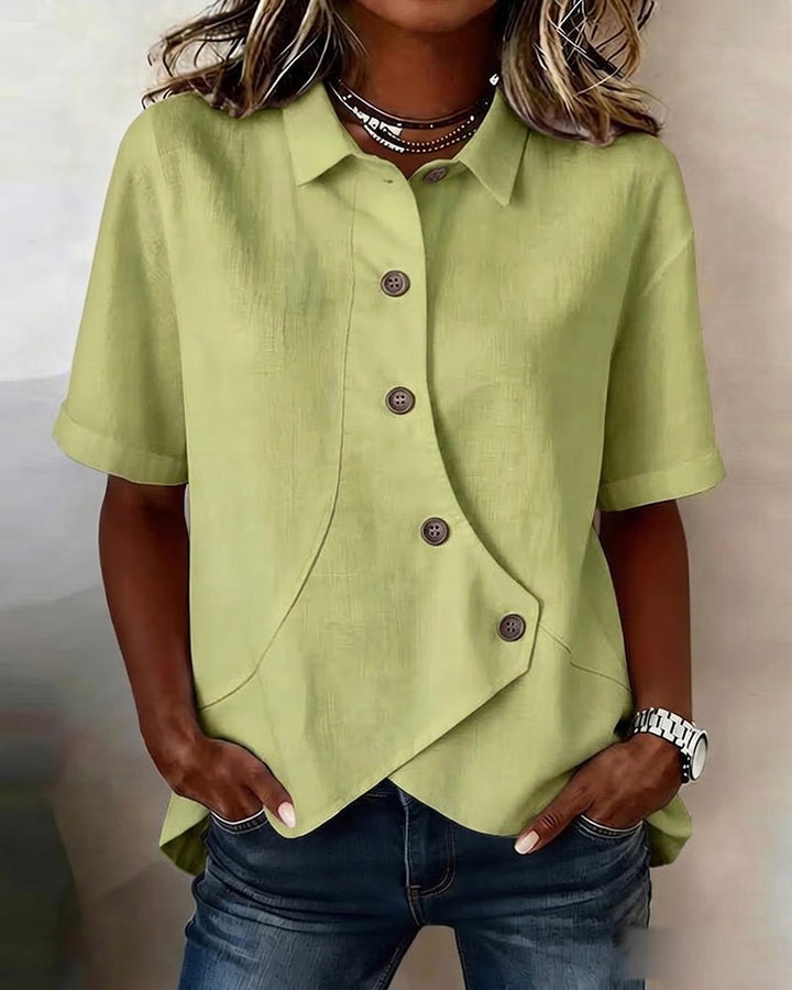 Kirra | Women's Asymmetrical Placket Cotton Linen Shirt, Button-Down Blouse | The Shrader Sisters