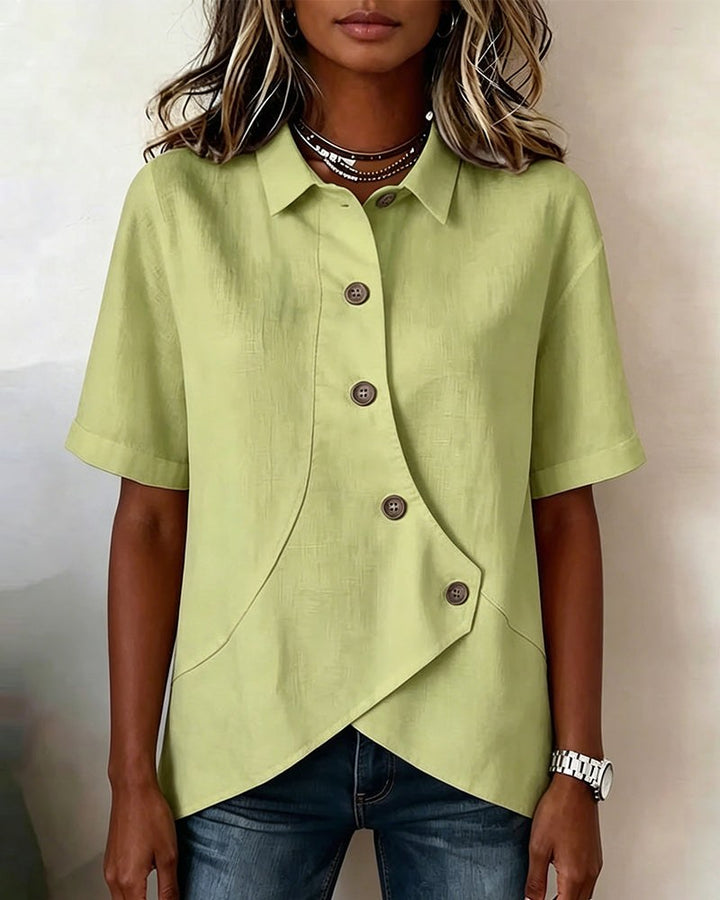 Kirra | Women's Asymmetrical Placket Cotton Linen Shirt, Button-Down Blouse | The Shrader Sisters