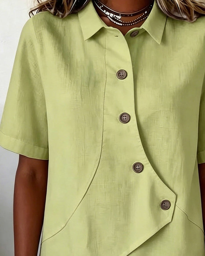 Kirra | Women's Asymmetrical Placket Cotton Linen Shirt, Button-Down Blouse | The Shrader Sisters