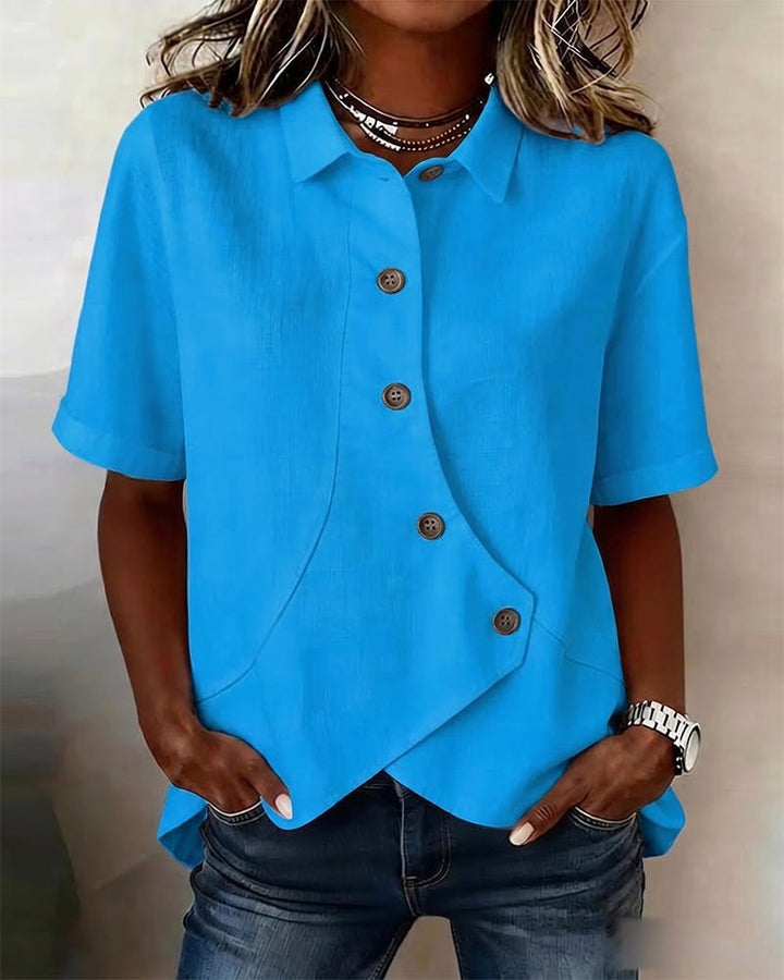 Kirra | Women's Asymmetrical Placket Cotton Linen Shirt, Button-Down Blouse | The Shrader Sisters