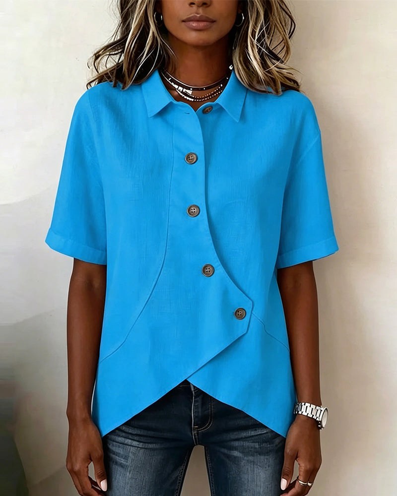 Kirra | Women's Asymmetrical Placket Cotton Linen Shirt, Button-Down Blouse | The Shrader Sisters