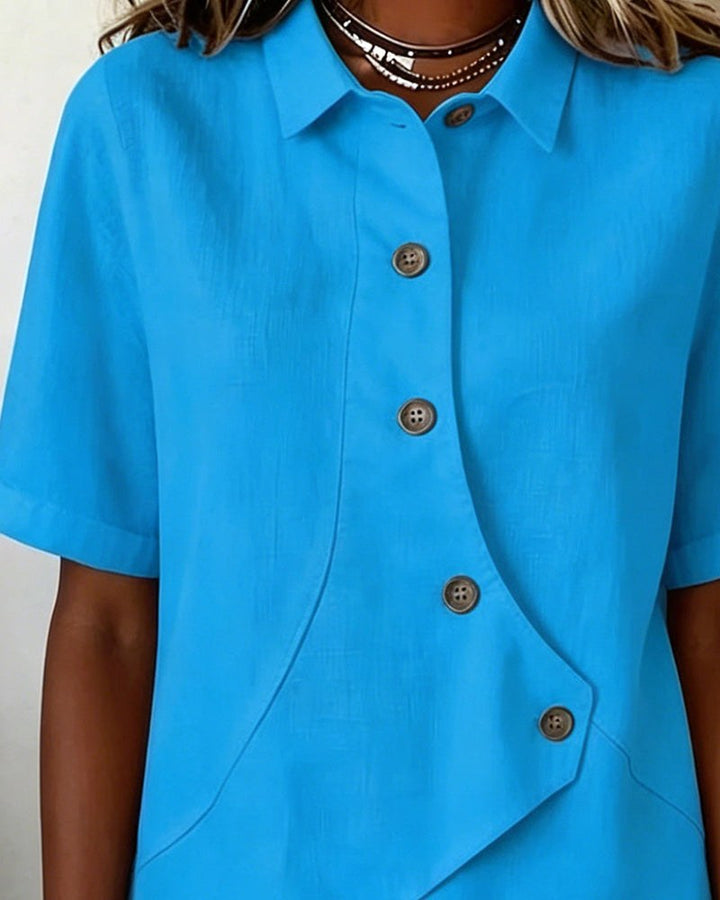 Kirra | Women's Asymmetrical Placket Cotton Linen Shirt, Button-Down Blouse | The Shrader Sisters