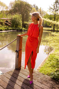Kirra | Women's Sleeveless Midi Dress with High Neckline, Side-Slit Midi Dress | The Shrader Sisters