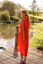 Kirra | Women's Sleeveless Midi Dress with High Neckline, Side-Slit Midi Dress | The Shrader Sisters