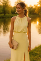 Kirra | Women's Sleeveless Midi Dress with High Neckline, Side-Slit Midi Dress | The Shrader Sisters