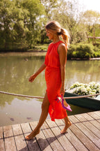 Kirra | Women's Sleeveless Midi Dress with High Neckline, Side-Slit Midi Dress | The Shrader Sisters