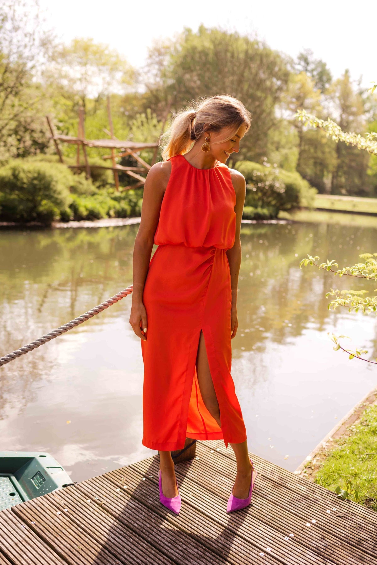 Kirra | Women's Sleeveless Midi Dress with High Neckline, Side-Slit Midi Dress | The Shrader Sisters