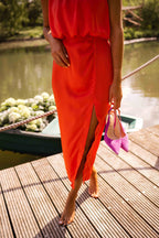 Kirra | Women's Sleeveless Midi Dress with High Neckline, Side-Slit Midi Dress | The Shrader Sisters