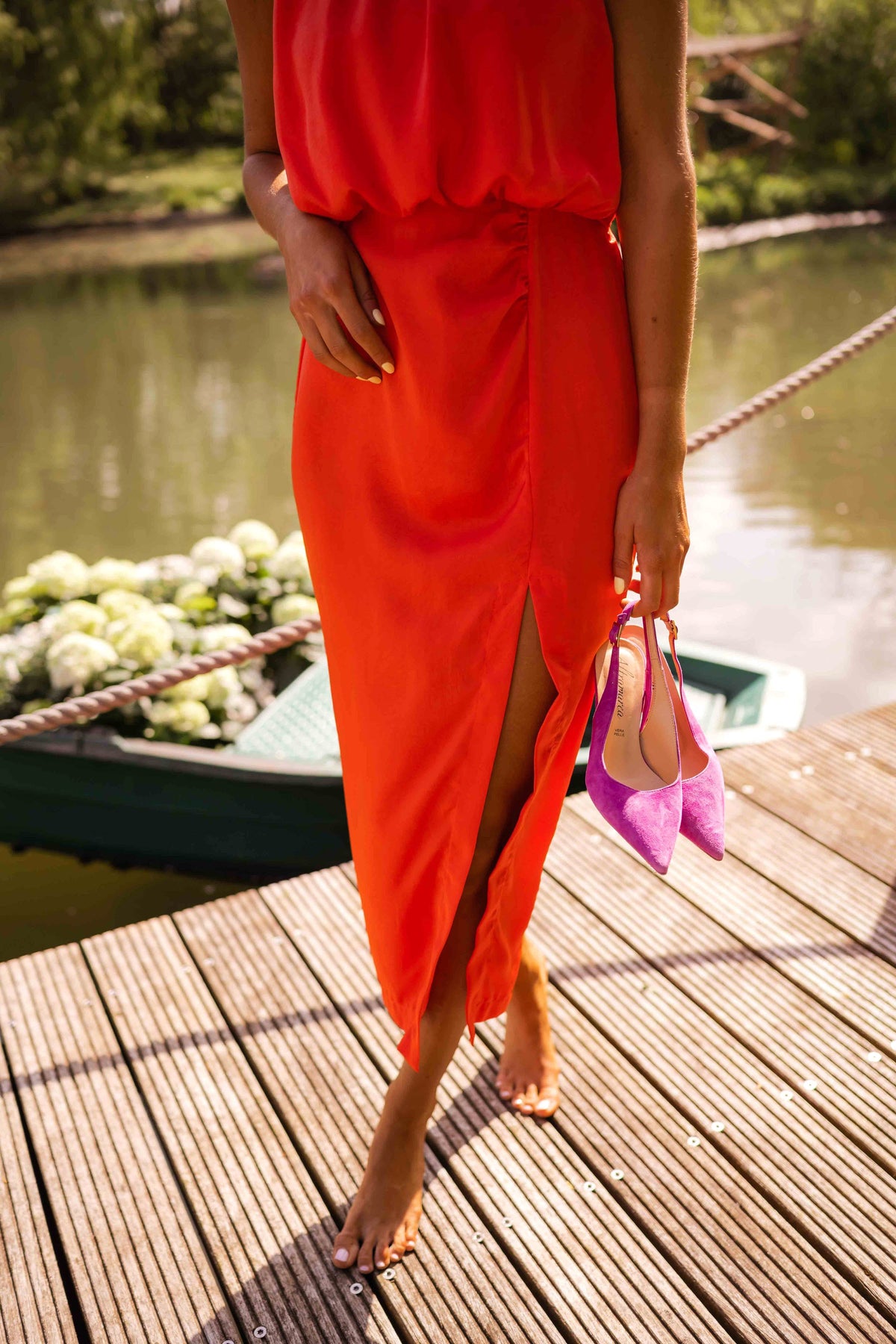 Kirra | Women's Sleeveless Midi Dress with High Neckline, Side-Slit Midi Dress | The Shrader Sisters