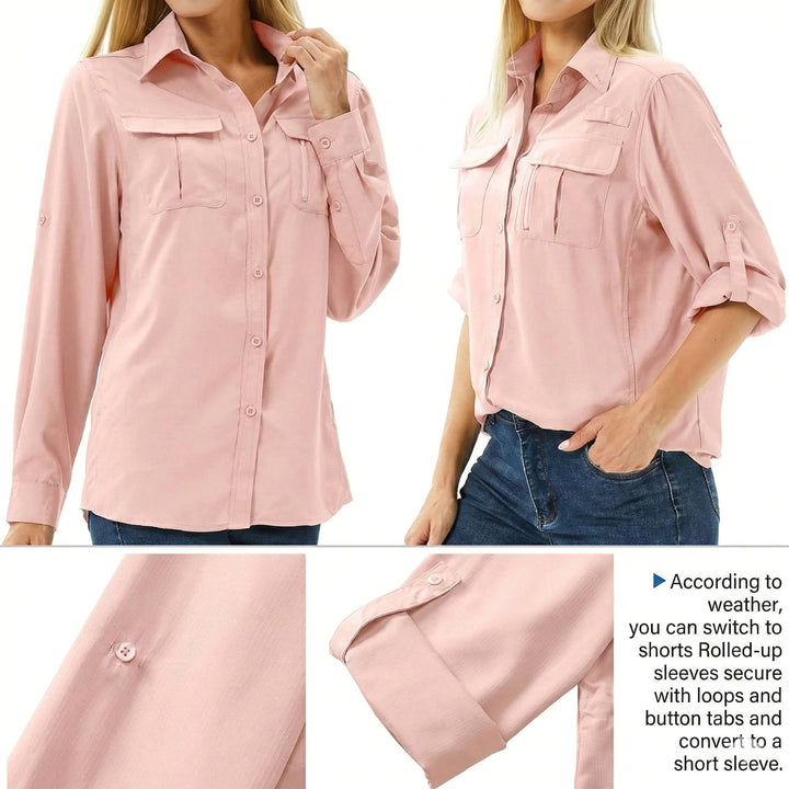 Kirrily | Women's UPF 50 Long Sleeve Hiking Shirt, Convertible Outdoor Top | The Shrader Sisters | Light Grey