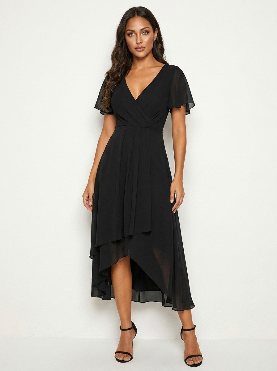 Kirsty | Women's Midi Dress with Lace Detail, Romantic Midi Dress | The Shrader Sisters | Zwart