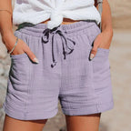 Kristy | Women's Lightweight Cotton Blend Shorts, Relaxed Fit Summer Shorts | The Shrader Sisters | Blauw