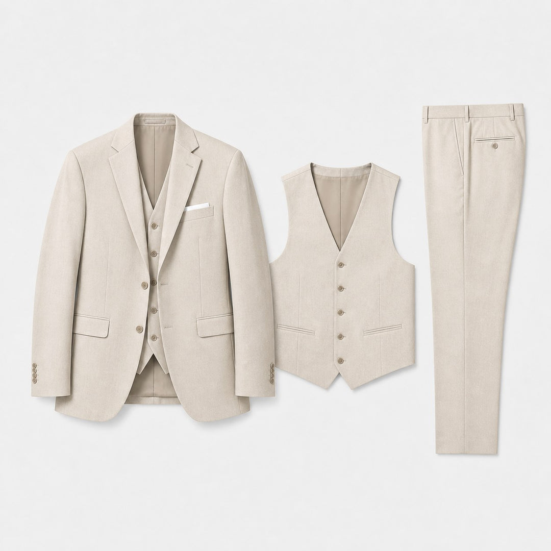 Kye | Men's Linen Three-Piece Suit with Waistcoat, Tailored Trouser Suit | The Shrader Sisters | Beige
