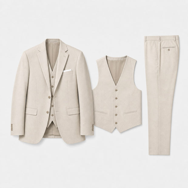 Kye | Men's Linen Three-Piece Suit with Waistcoat, Tailored Trouser Suit | The Shrader Sisters | Beige