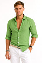 Lachie | Men's Linen Button-Down Shirt, Rolled Sleeve Oxford Shirt | The Shrader Sisters | Green