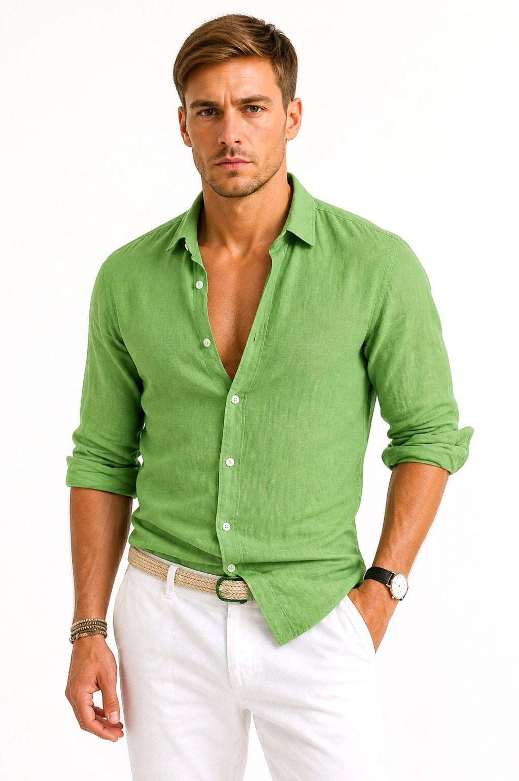 Lachie | Men's Linen Button-Down Shirt, Rolled Sleeve Oxford Shirt | The Shrader Sisters | Green