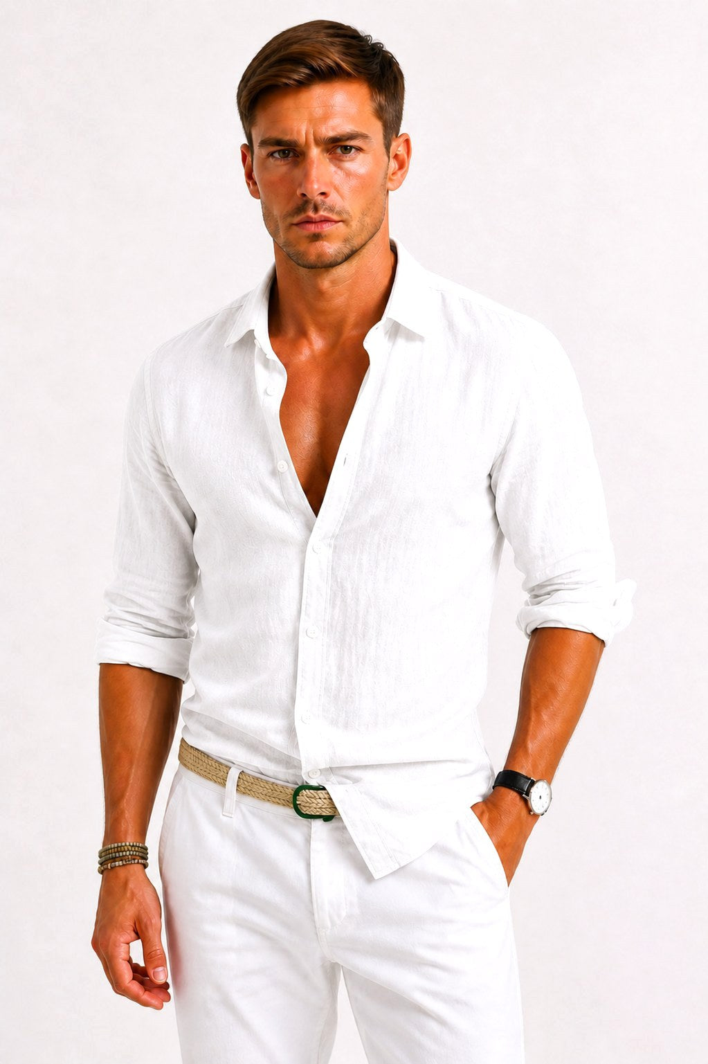 Lachie | Men's Linen Button-Down Shirt, Rolled Sleeve Oxford Shirt | The Shrader Sisters | White