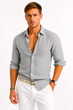Lachie | Men's Linen Button-Down Shirt, Rolled Sleeve Oxford Shirt | The Shrader Sisters | Grey