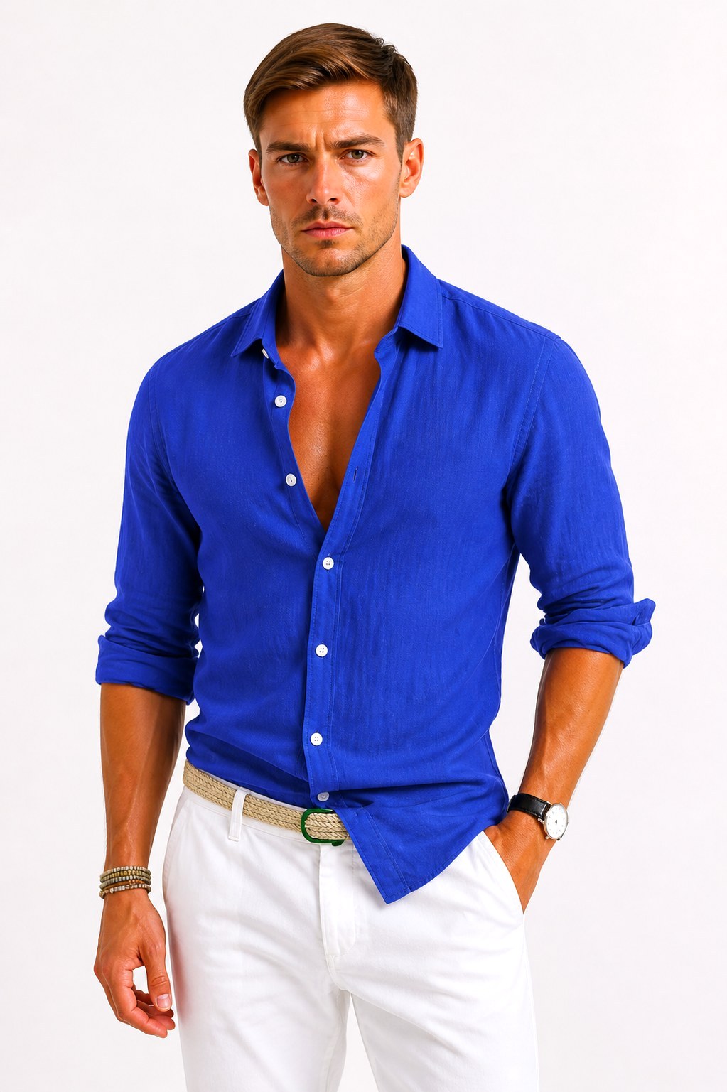 Lachie | Men's Linen Button-Down Shirt, Rolled Sleeve Oxford Shirt | The Shrader Sisters | Beige