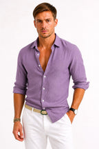 Lachie | Men's Linen Button-Down Shirt, Rolled Sleeve Oxford Shirt | The Shrader Sisters | Blue
