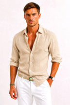 Lachie | Men's Linen Button-Down Shirt, Rolled Sleeve Oxford Shirt | The Shrader Sisters | Light Blue
