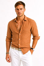 Lachie | Men's Linen Button-Down Shirt, Rolled Sleeve Oxford Shirt | The Shrader Sisters | Brown
