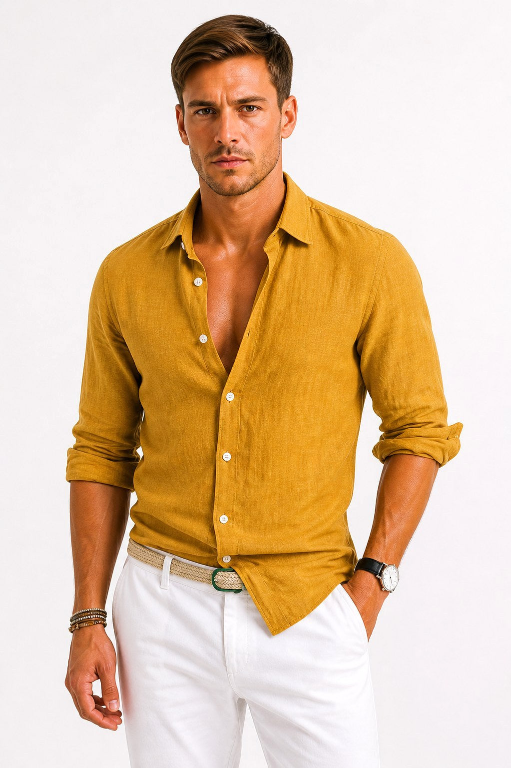 Lachie | Men's Linen Button-Down Shirt, Rolled Sleeve Oxford Shirt | The Shrader Sisters | Mustard