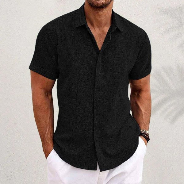 Lachlan | Men's Classic Collared Button Shirt, Breathable Linen Blend Shirt | The Shrader Sisters | Black