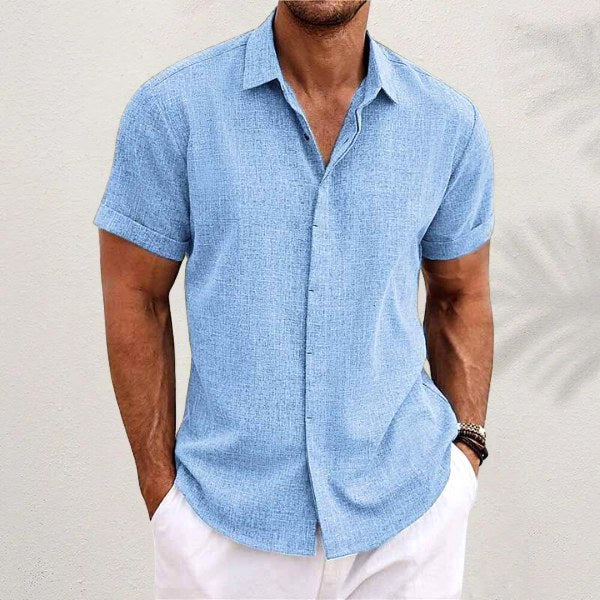 Lachlan | Men's Classic Collared Button Shirt, Breathable Linen Blend Shirt | The Shrader Sisters | Light Blue