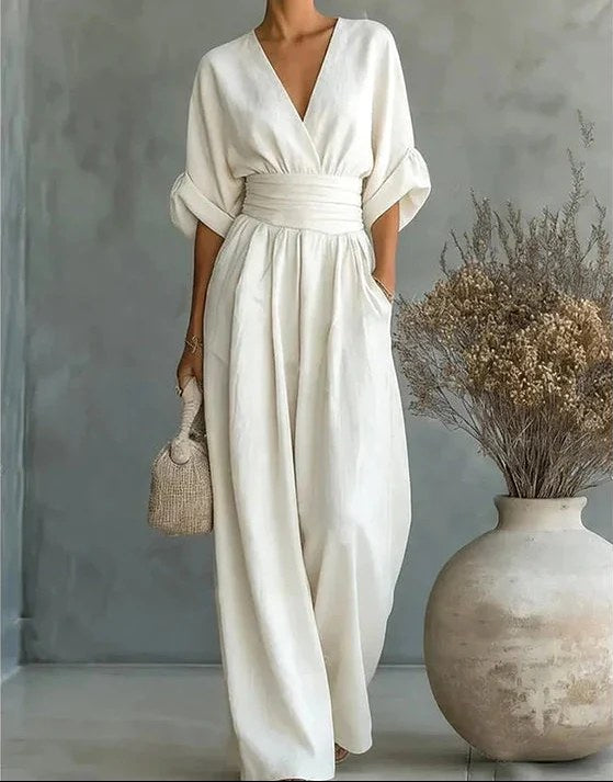 Lani | Women's Wide-Leg Jumpsuit with Wrap Bodice, Flowing One-Piece Suit | The Shrader Sisters | Yellow