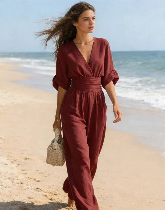 Lani | Women's Wide-Leg Jumpsuit with Wrap Bodice, Flowing One-Piece Suit | The Shrader Sisters | Orange