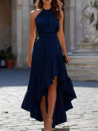 Lauren | Women's Halter Flowy Ruffle Midi Dress, Flattering Summer Dress for Holidays and Everyday Wear, Flattering Summer Dress for Holidays and Everyday Wear - Dark Blue
