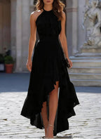 Lauren | Women's Halter Flowy Ruffle Midi Dress, Flattering Summer Dress for Holidays and Everyday Wear, Flattering Summer Dress for Holidays and Everyday Wear - Black