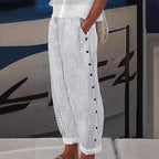 Lauren | Women's Striped Button-Accent Trousers, Comfortable Summer Trousers for Travel and Everyday Wear - Off White