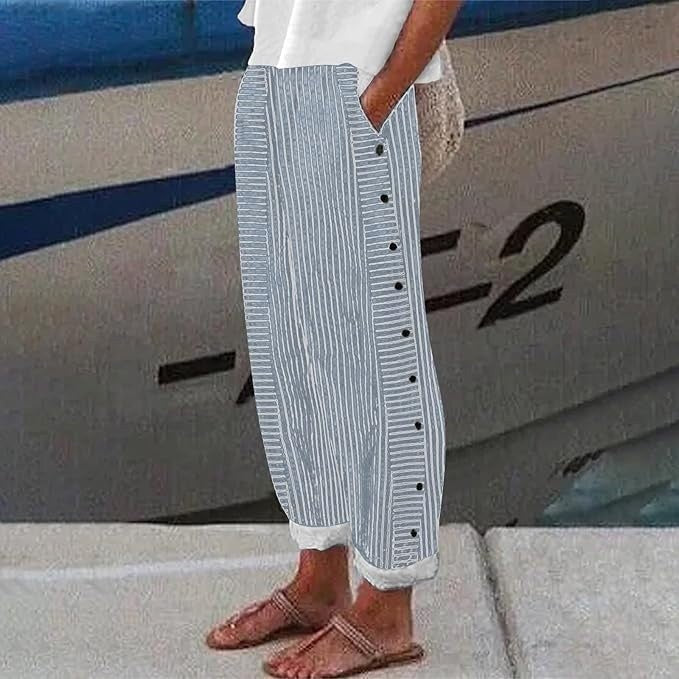 Lauren | Women's Striped Button-Accent Trousers, Comfortable Summer Trousers for Travel and Everyday Wear - Light Blue