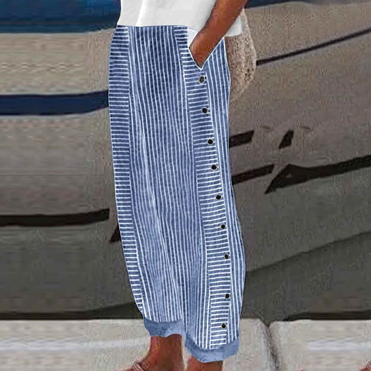 Lauren | Women's Striped Button-Accent Trousers, Comfortable Summer Trousers for Travel and Everyday Wear - Royal Blue