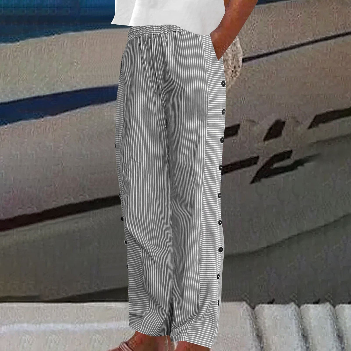 Lauren | Women's Striped Button-Accent Trousers, Comfortable Summer Trousers for Travel and Everyday Wear - Black