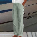Lauren | Women's Striped Button-Accent Trousers, Comfortable Summer Trousers for Travel and Everyday Wear - Green