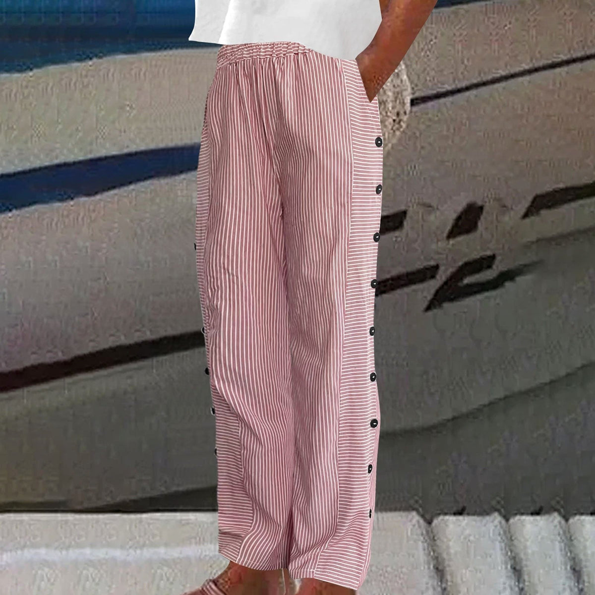 Lauren | Women's Striped Button-Accent Trousers, Comfortable Summer Trousers for Travel and Everyday Wear - Red