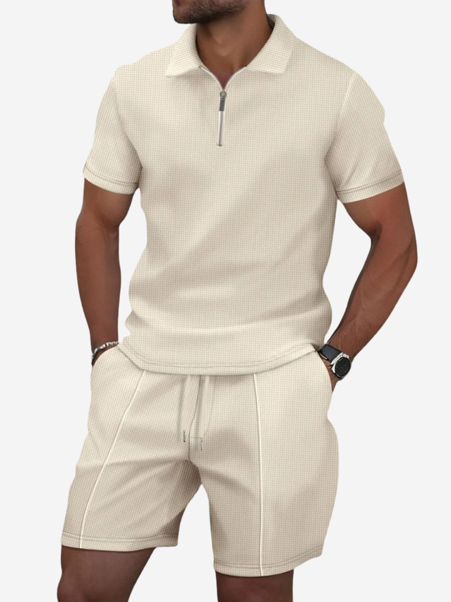 Lawson | Men's Cotton Zip-Neck Polo Shorts Set, Two-Piece Lounge Set | The Shrader Sisters | Beige