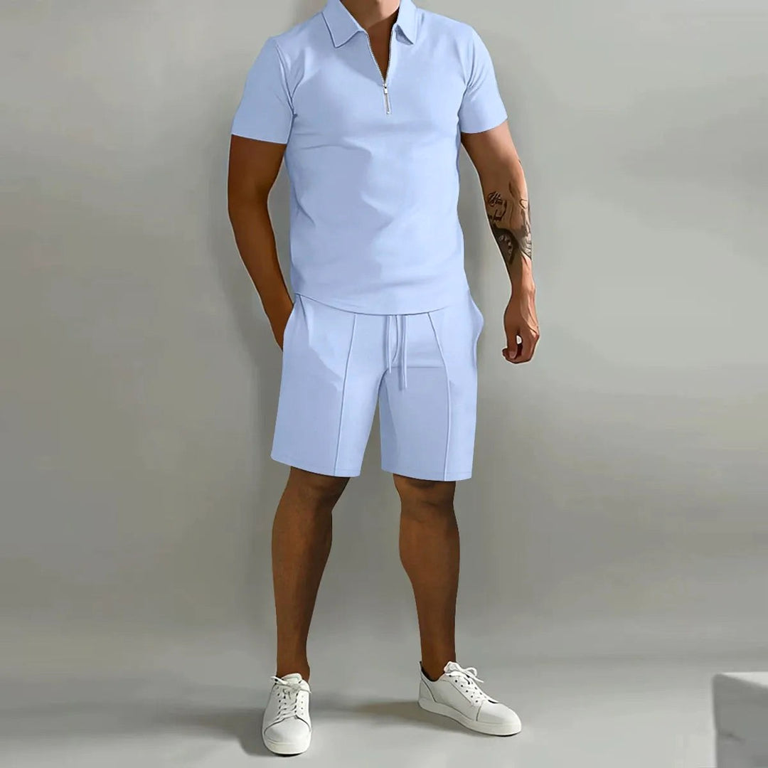 Lawson | Men's Cotton Zip-Neck Polo Shorts Set, Two-Piece Lounge Set | The Shrader Sisters